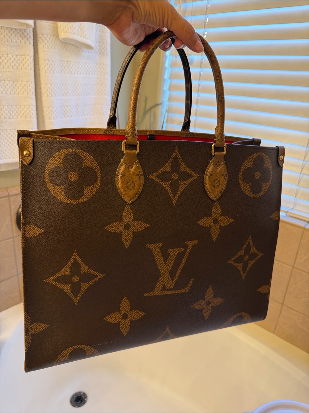 Louis Vuitton Monogram Canvas Tote with Black Straps and Red Interior - Picture 3 of 12